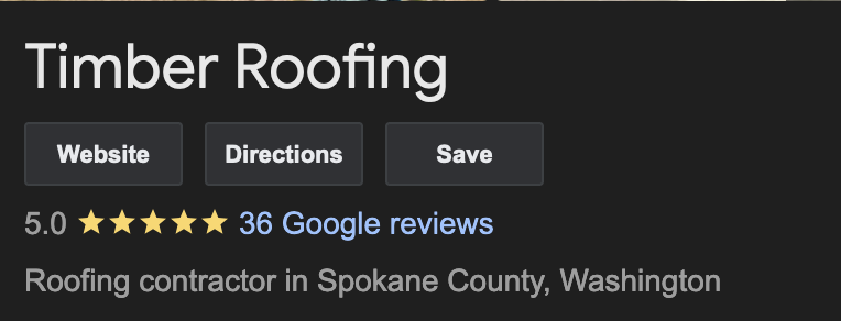 Screenshot of Timber Roofing's Google Reviews showing 5 stars out of 5 for 36 reviews