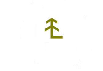 Timber Roofing Logo depicting a tree with a house around it. Colors green, white, and black
